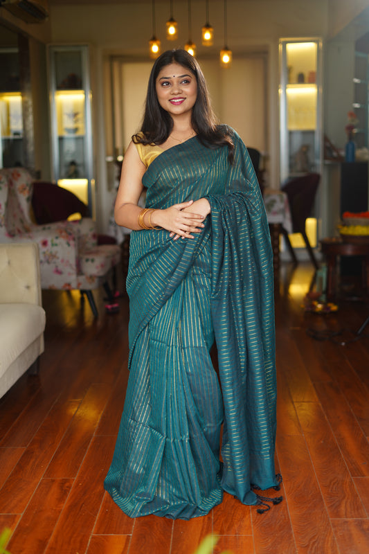 Cotton Khadee  Saree with Zari Strips on the Body