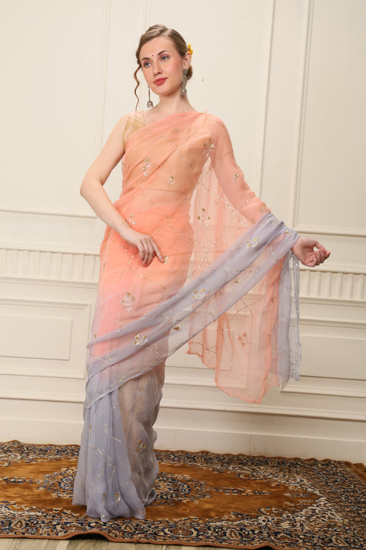 GREY AND PINK EMBROIDERY SAREE