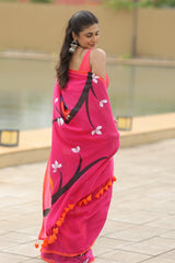 Mullcotton Owl Print Hand Painted Saree