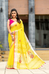 FIZA YELLOW HANDWORK LINEN SAREE