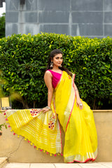 FIZA YELLOW HANDWORK LINEN SAREE