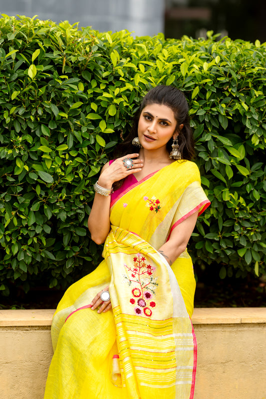 FIZA YELLOW HANDWORK LINEN SAREE