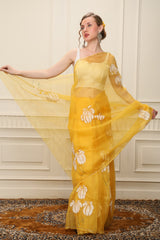 YELLOW ORGANZA SAREE with HANDPAINT and HANDWORK