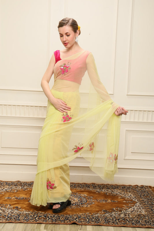 YELLOW CHIFFON SAREE WITH SEQUENCE EMBROIDERY