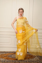 YELLOW ORGANZA SAREE with HANDPAINT and HANDWORK