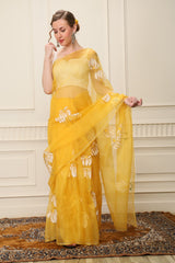 YELLOW ORGANZA SAREE with HANDPAINT and HANDWORK