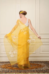 YELLOW ORGANZA SAREE with HANDPAINT and HANDWORK